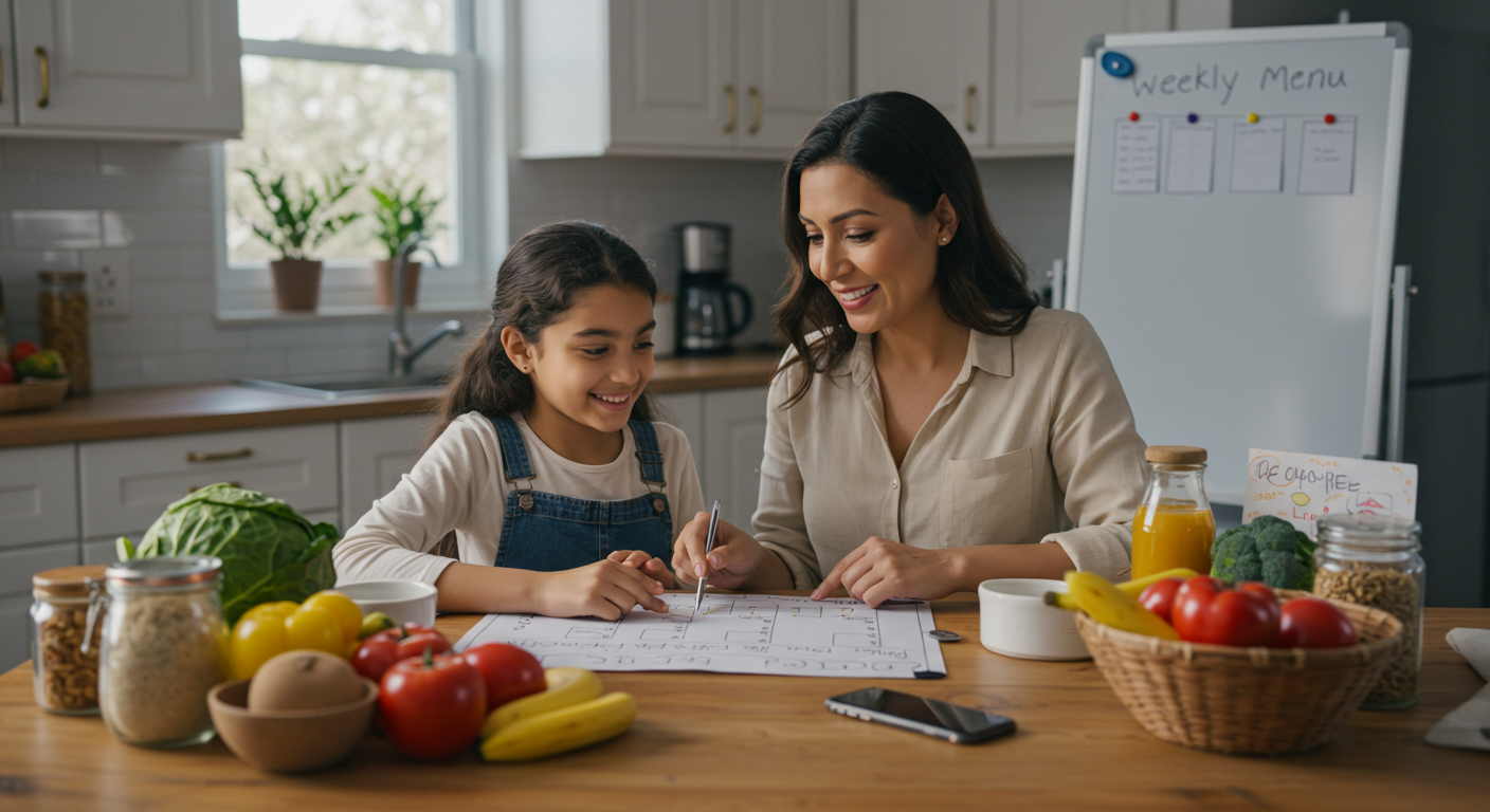 Madre organizando el menú familiar semanal con ingredientes y app de planificación.