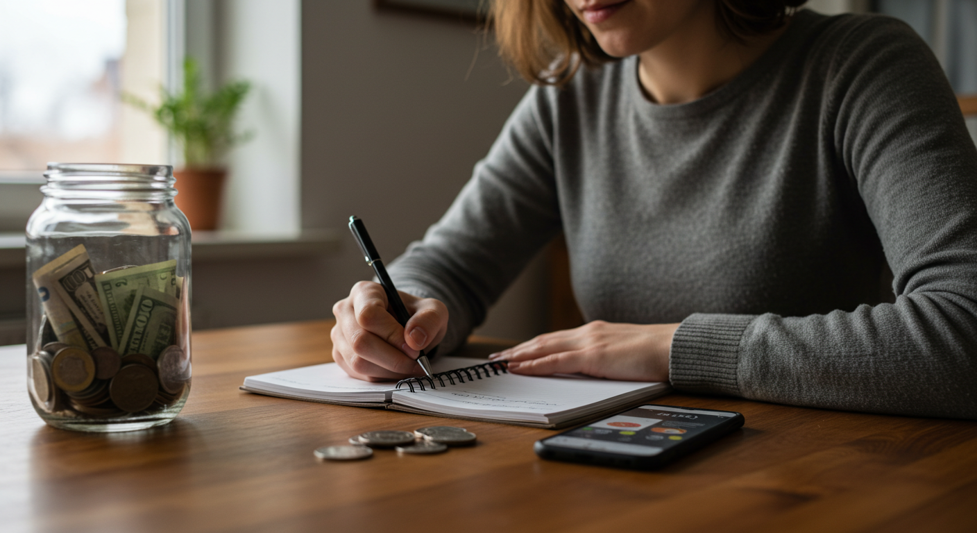 Cómo mantener el compromiso en el reto de ahorro de 52 semanas Persona concentrada en su plan de ahorro semanal, con frasco de dinero y app financiera en uso.