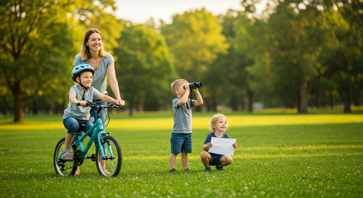 Madre e hijos disfrutando de actividades al aire libre en un parque.
