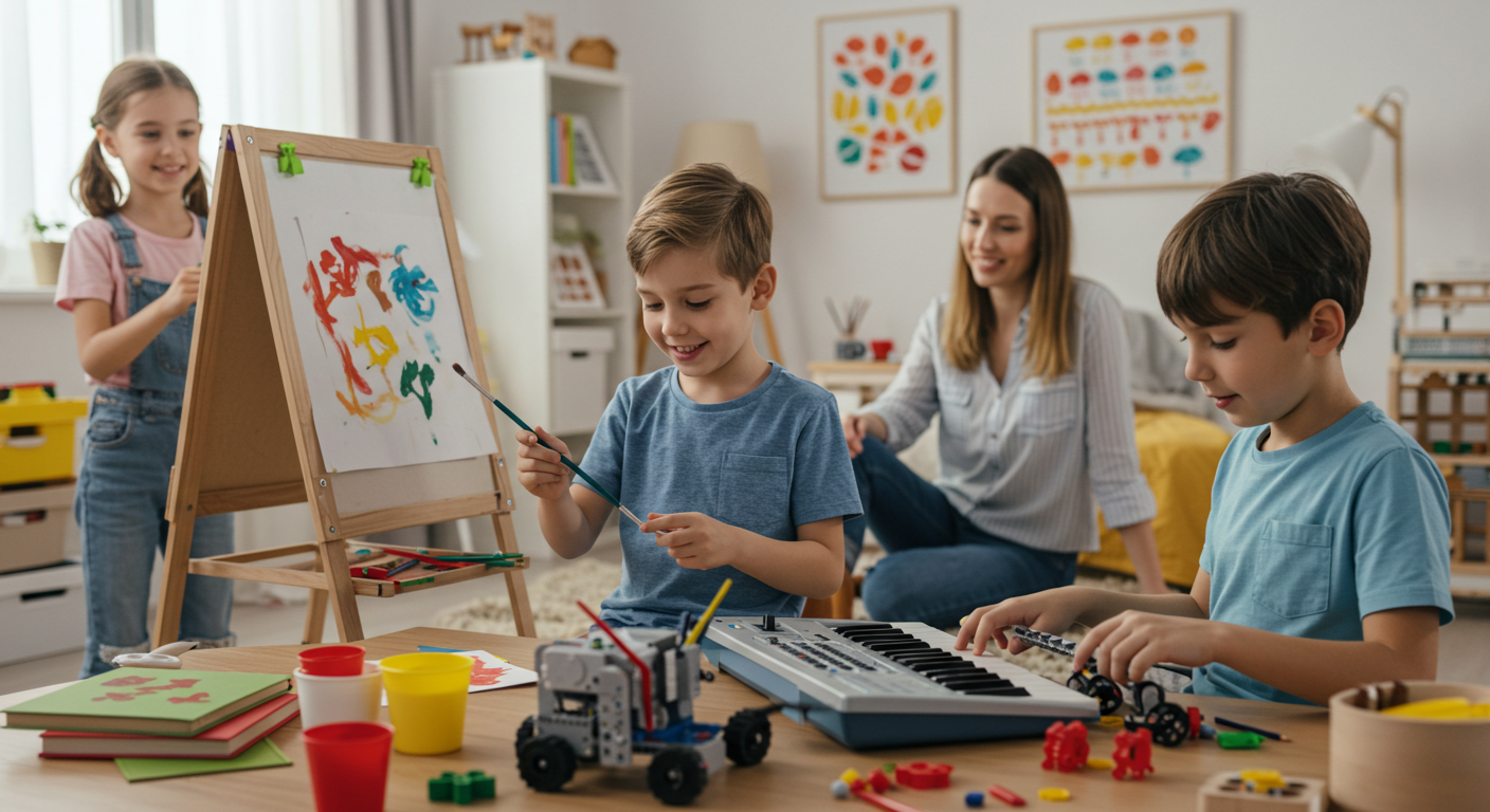 Niños descubriendo nuevos talentos mientras su madre los anima.