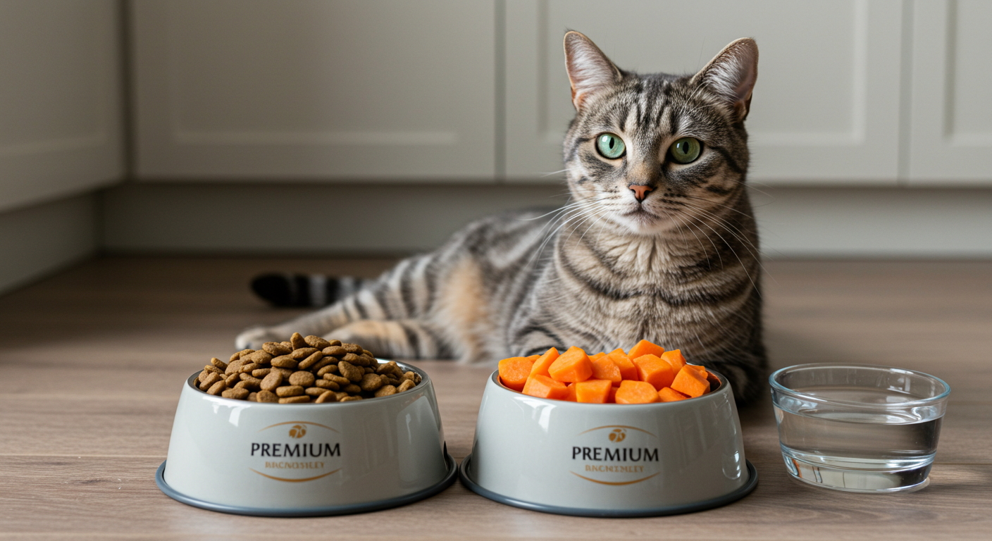 Gato diante de ração premium e alimentos naturais saudáveis.