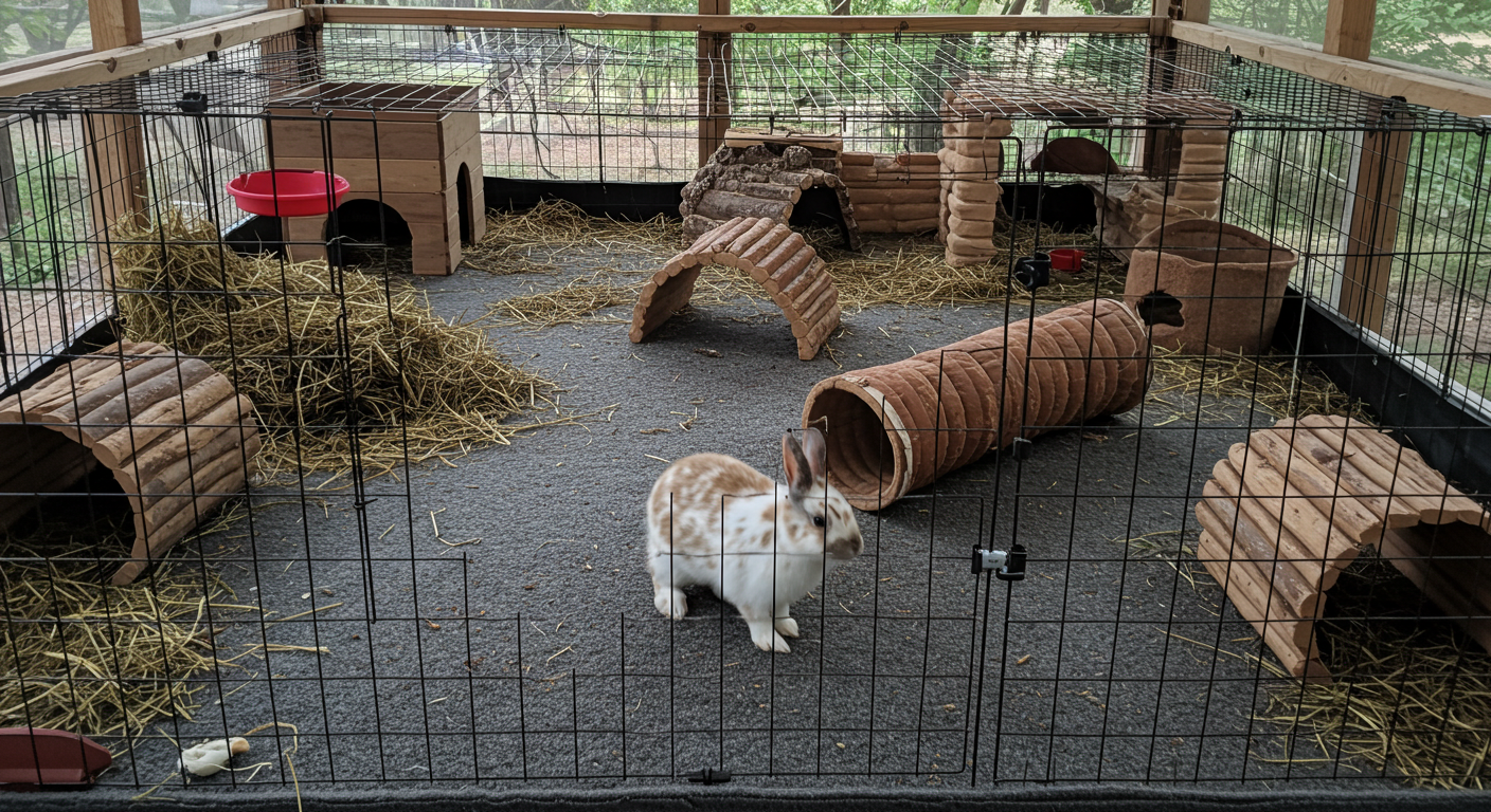 Alojamento ideal para coelhos com conforto e segurança. Coelho em alojamento espaçoso com feno, palha e áreas para exploração.