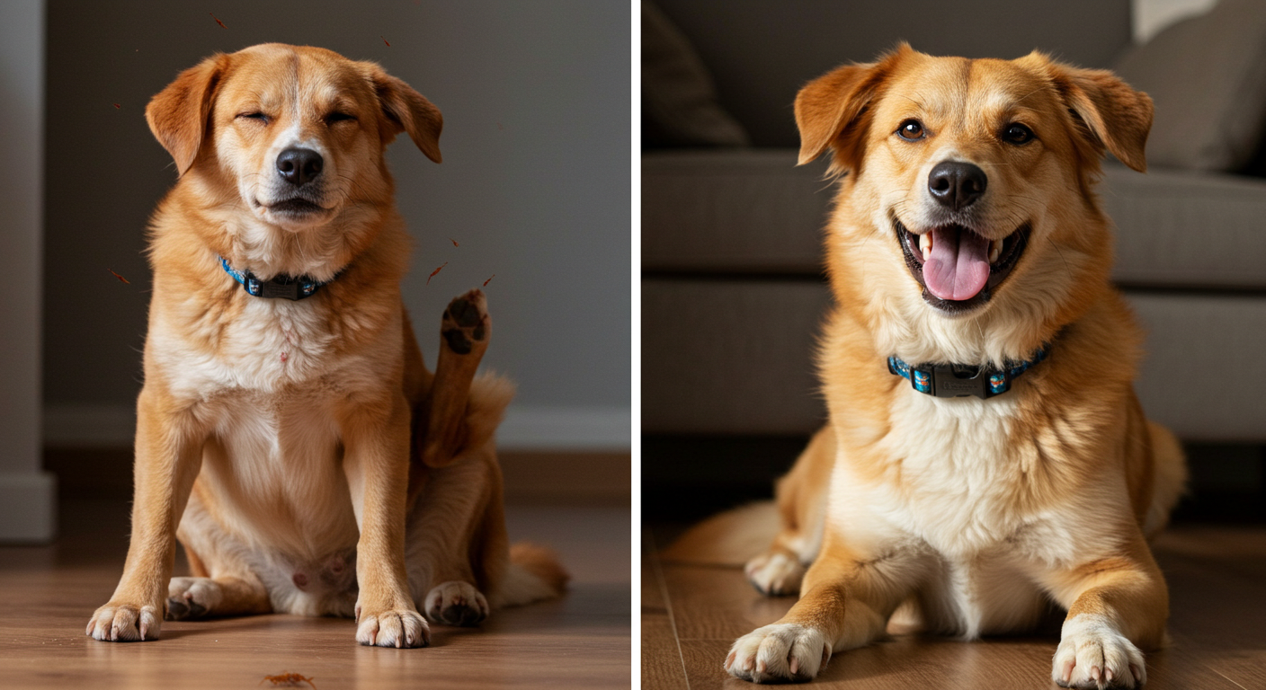 Antes e depois efeito da coleira antipulgas no bem-estar do cão