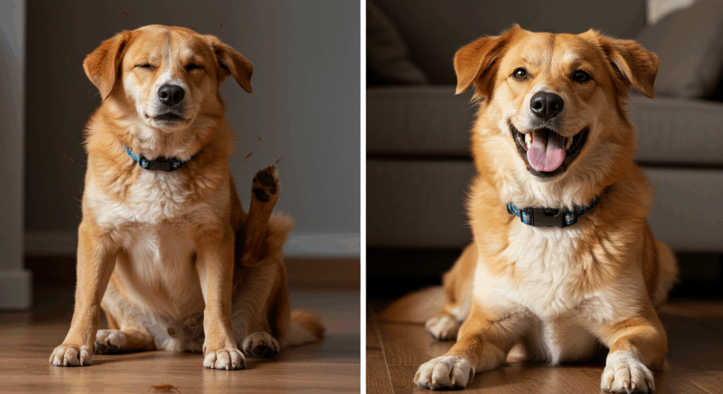 Comparação entre cachorro com pulgas se coçando e cachorro feliz com coleira antipulgas