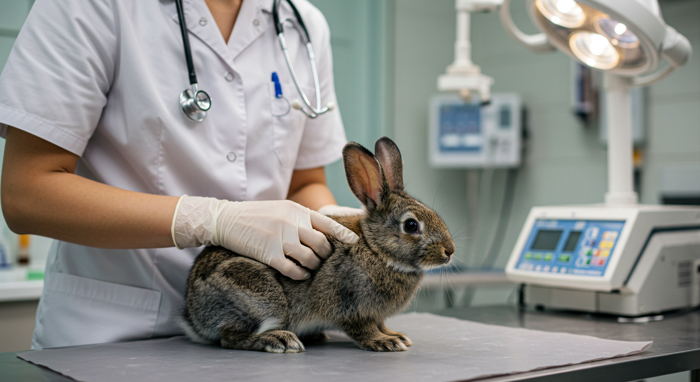 Atendimento veterinário adequado para coelhos de estimação. Coelho sendo examinado por veterinário especializado em animais exóticos.