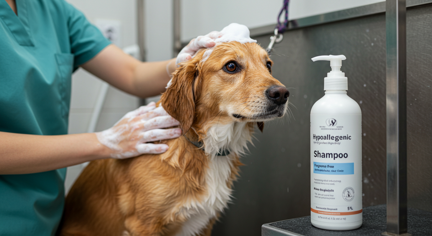 Cão sendo banhado com shampoo hipoalergênico em ambiente limpo.