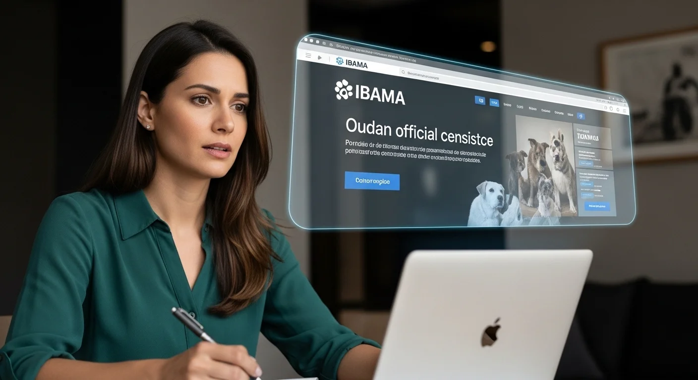 Consulta digital ao site do IBAMA — orientações para donos de pets Mulher consultando site do IBAMA em holograma sobre notebook Apple para cuidados com pets