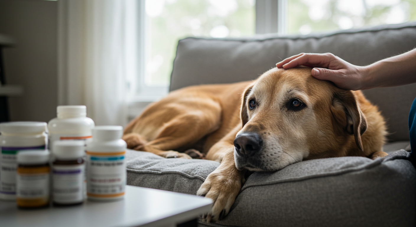 Cão idoso sendo acariciado pelo tutor em ambiente doméstico tranquilo.