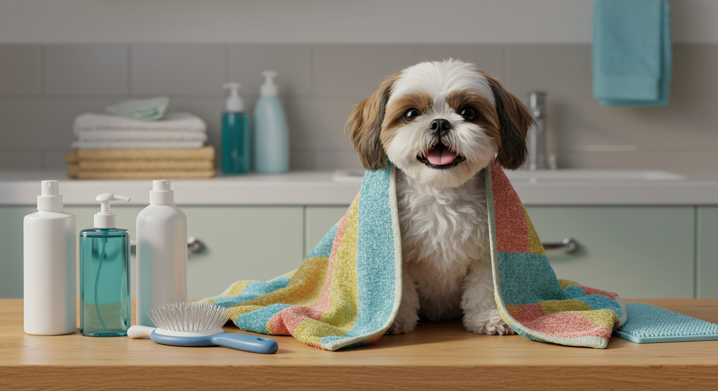 Cachorro pequeno enrolado em toalha ao lado de acessórios de banho para pets.