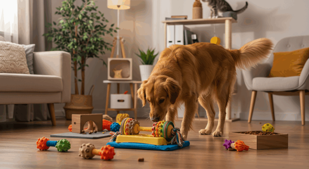 Cão brincando com brinquedo interativo enquanto gato observa de prateleira elevada em ambiente enriquecido.