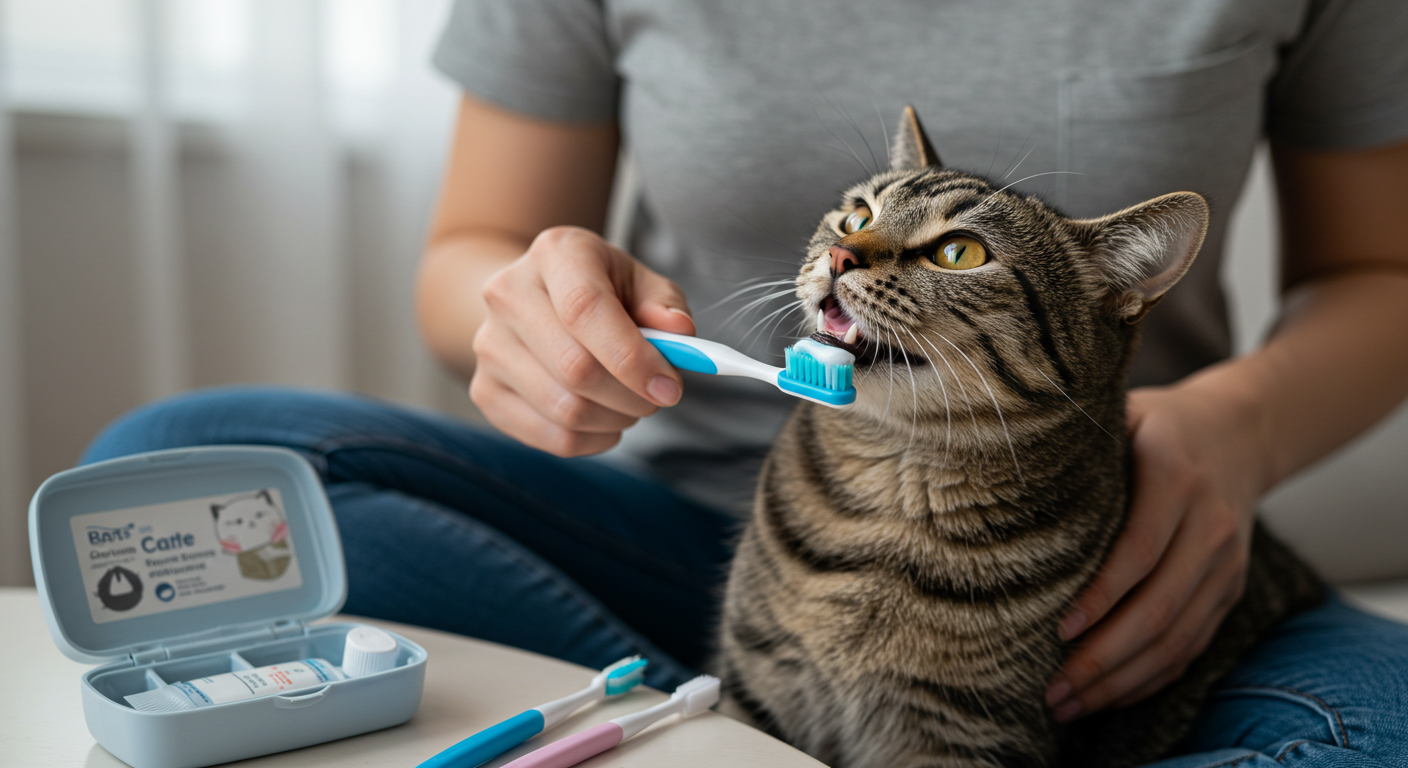 Tutor escovando os dentes de um gato com escova específica para felinos.