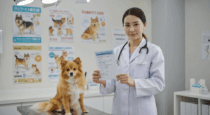 Veterinária japonesa exibindo carteira de vacinação canina em clínica.