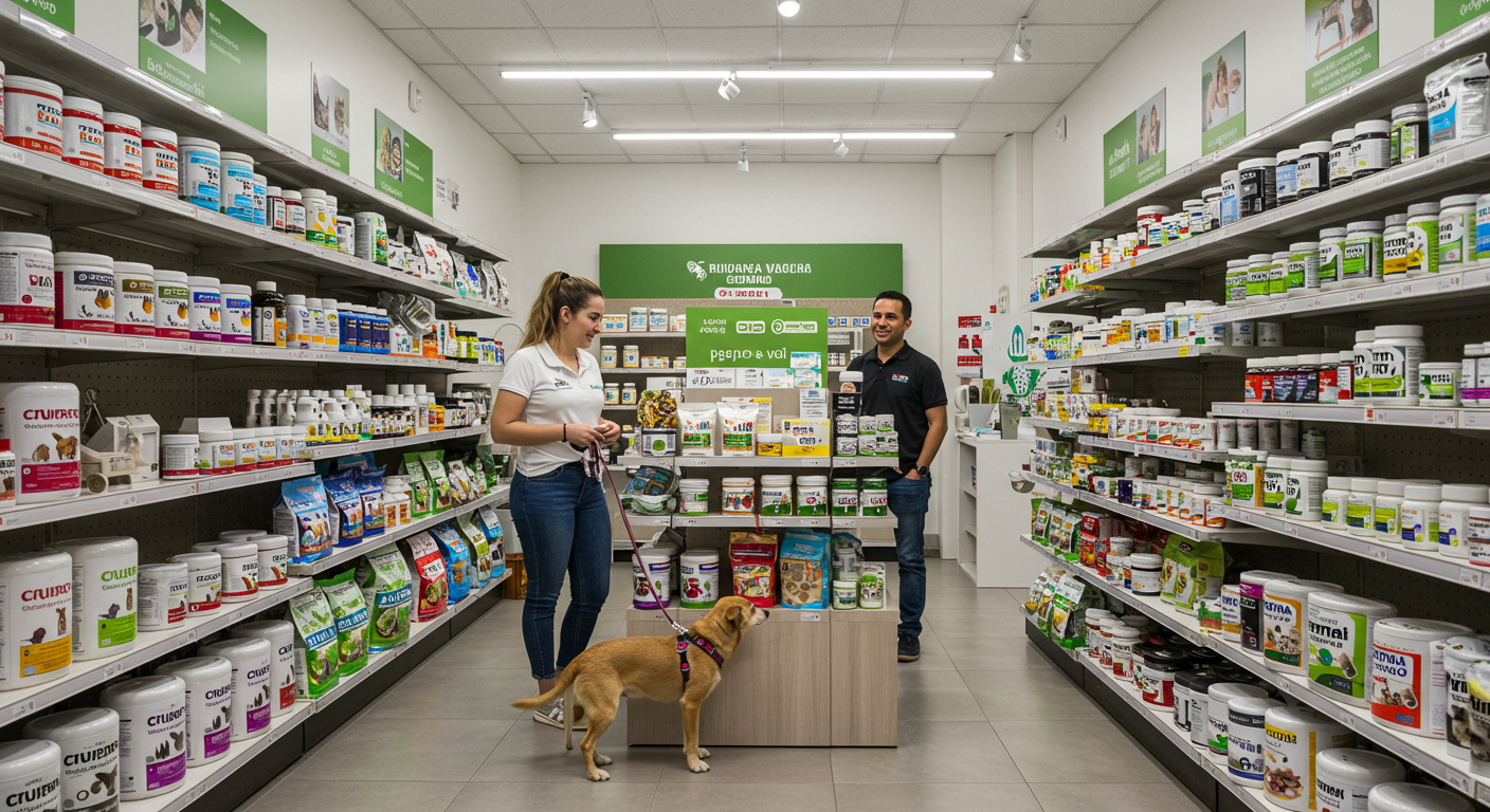 Interior de uma loja pet com suplementos para cães e gatos em Bragança Paulista.