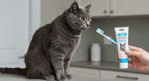  Tutor segurando escova e pasta dental específica para gato em ambiente doméstico.