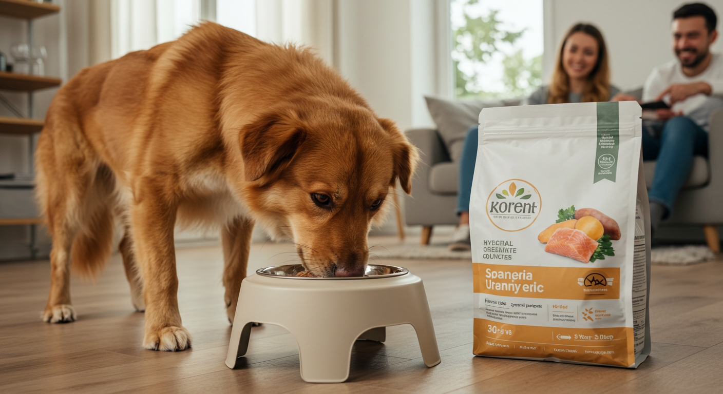 Cão se alimentando com ração hipoalergênica em ambiente doméstico.