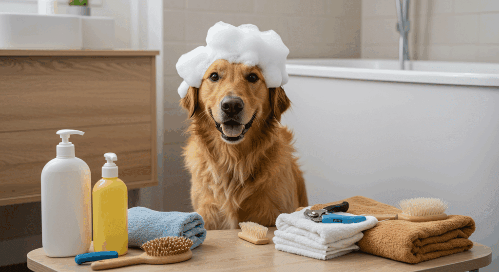 Tutor dando banho em cão de porte médio com produtos de higiene pet em banheiro doméstico. Bragança Paulista ON +1 Bragança Paulista ON