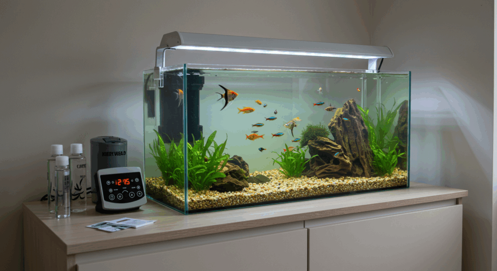 Aquário de 70 litros com peixes coloridos e plantas aquáticas em sala de estar