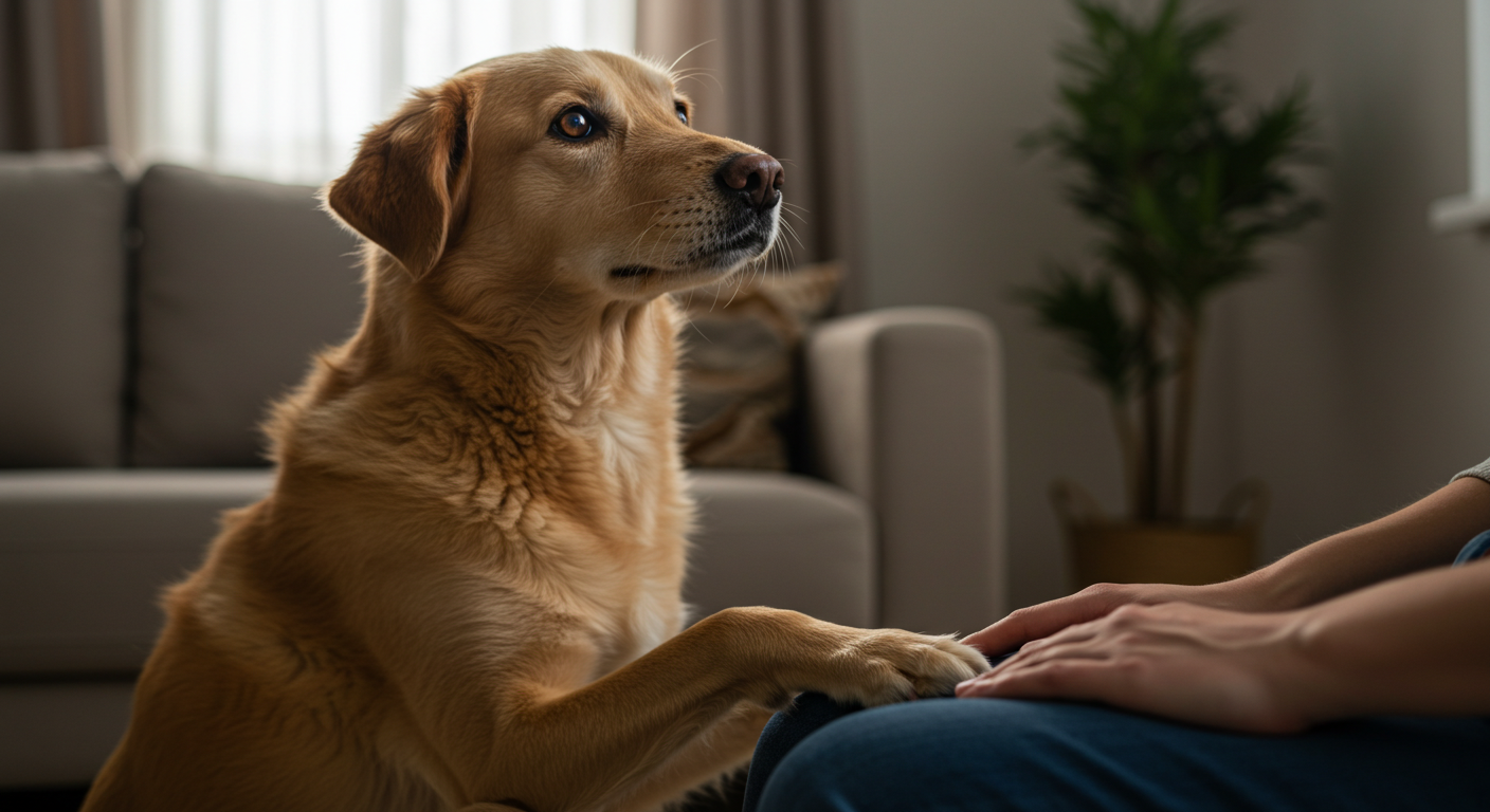 Cachorro apoiando a pata em seu dono dentro de casa