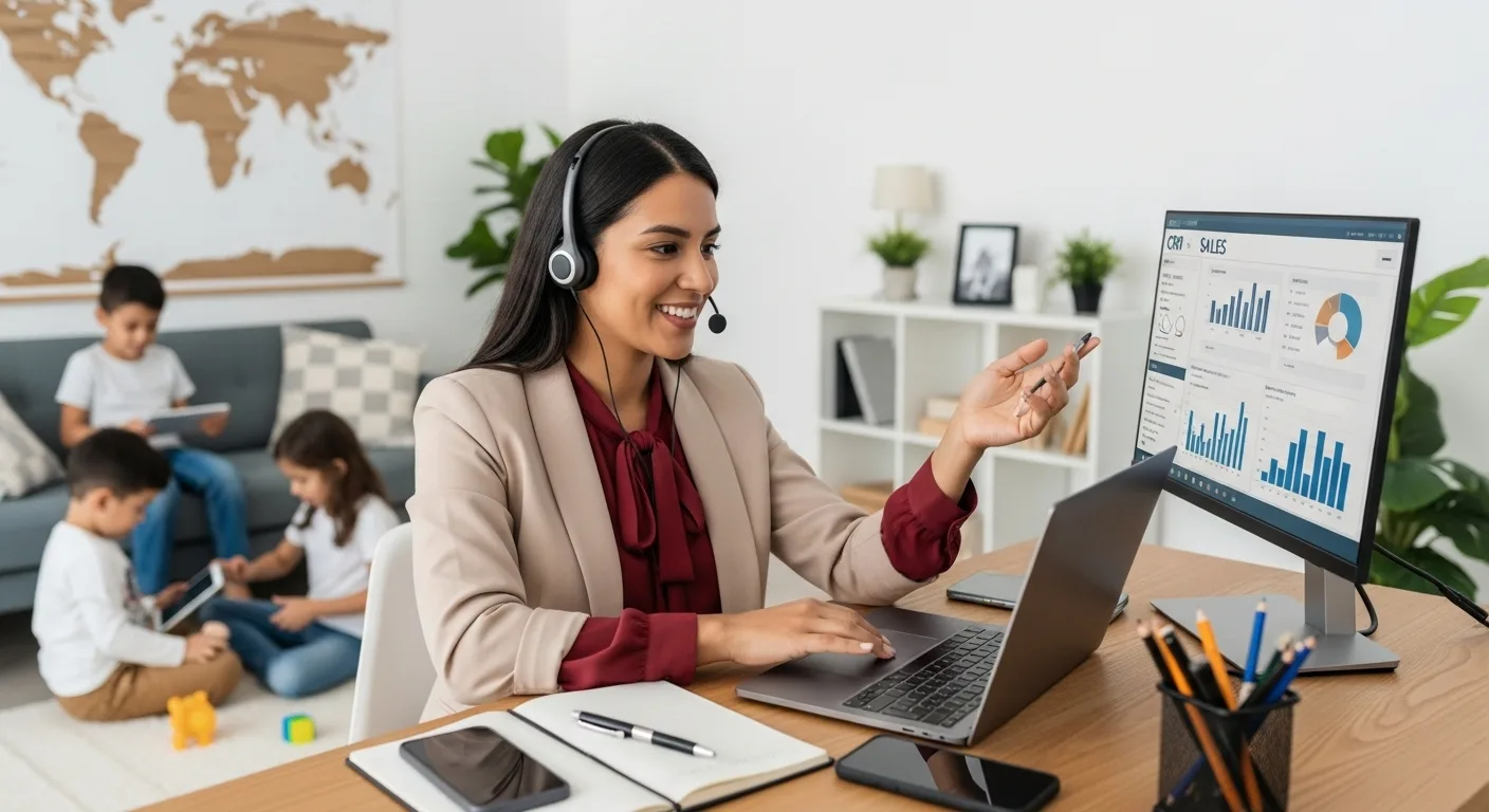 : Representante de ventas latina trabajando desde casa con sus hijos jugando en segundo plano.