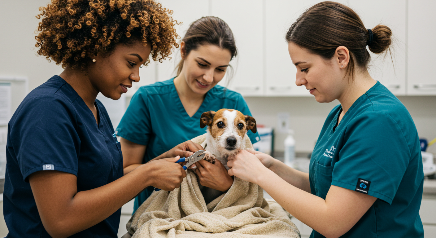 Profissionais especializados cuidando das unhas de um cão em ambiente clínico.