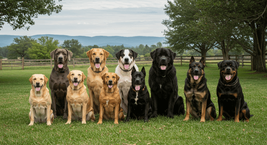 As 10 principais raças de cachorro grande reunidas em campo aberto