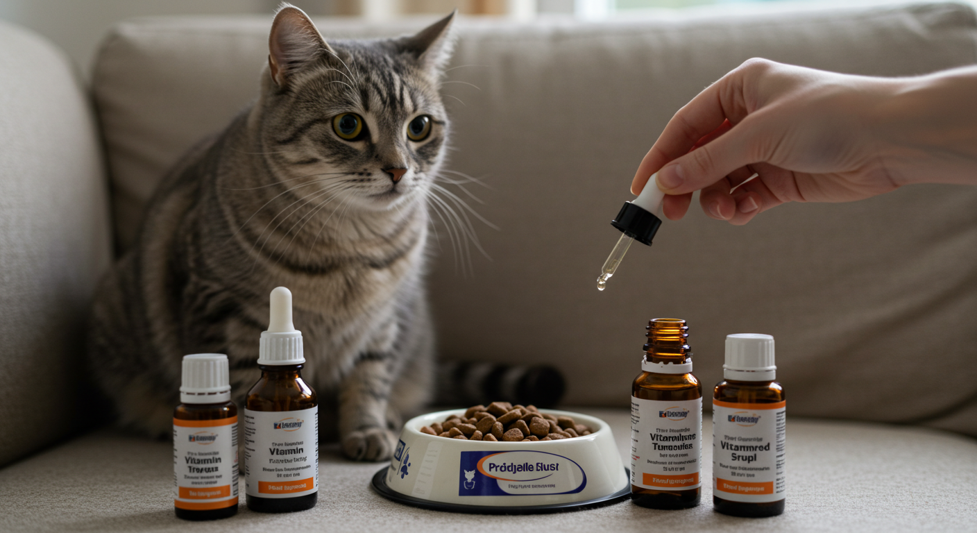 Gato recebendo suplemento vitamínico em casa com apoio do tutor.