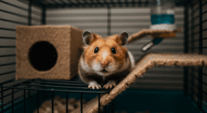 Um hamster sírio de pelagem marrom e branca, com olhos escuros brilhantes e orelhas pequenas, dentro de uma gaiola