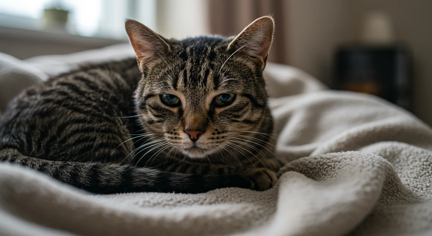 Gato doméstico com sinais de mal-estar, deitado em manta macia