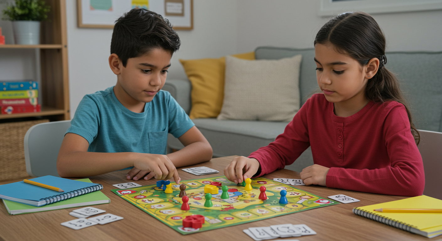 Niños jugando un juego de mesa educativo en casa, concentrados y sonrientes