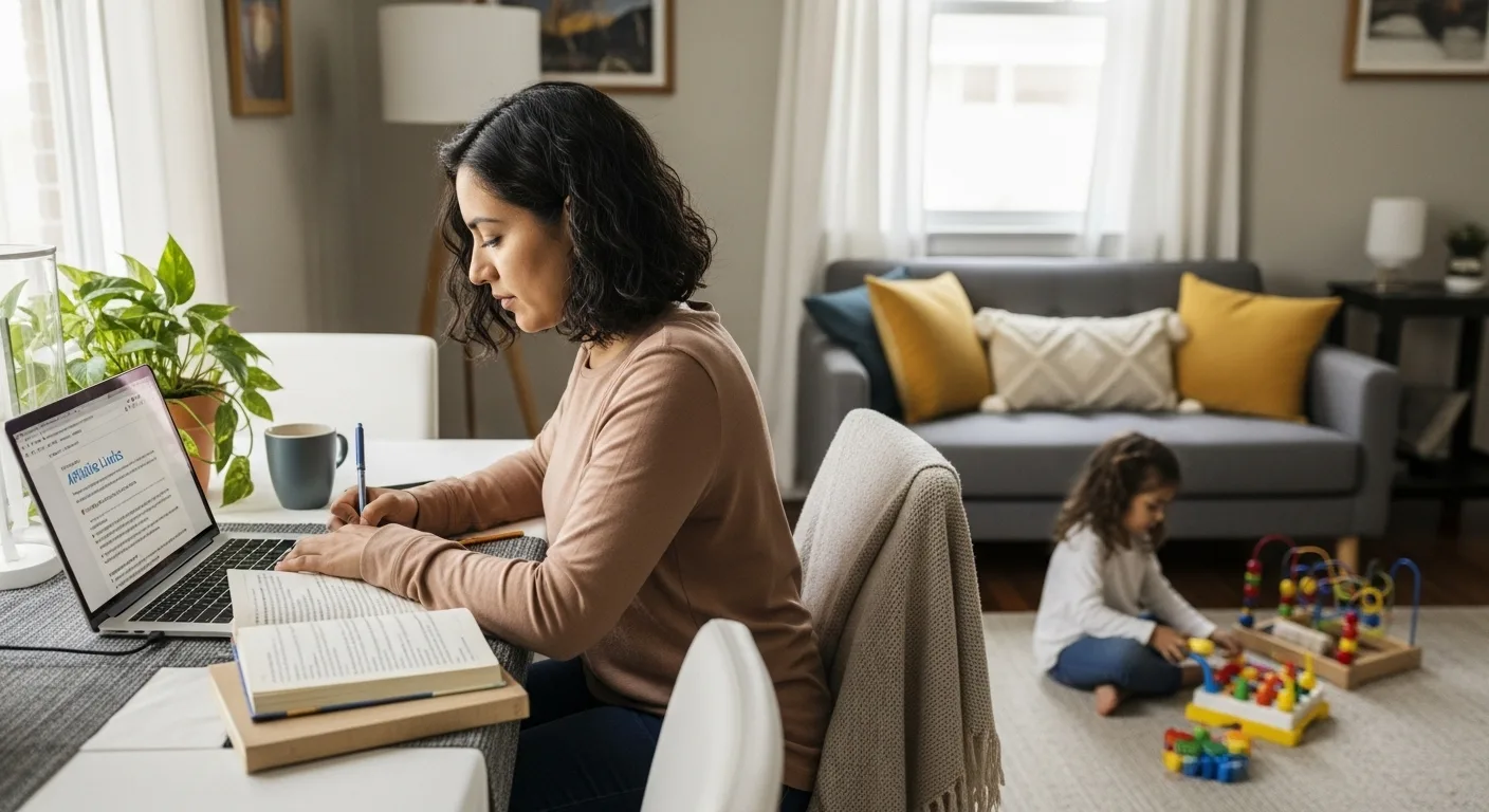 Mujer latina trabajando en su blog mientras su hija juega en la sala.