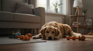 Cachorro entediado deitado na sala sem brincar com seus brinquedos.