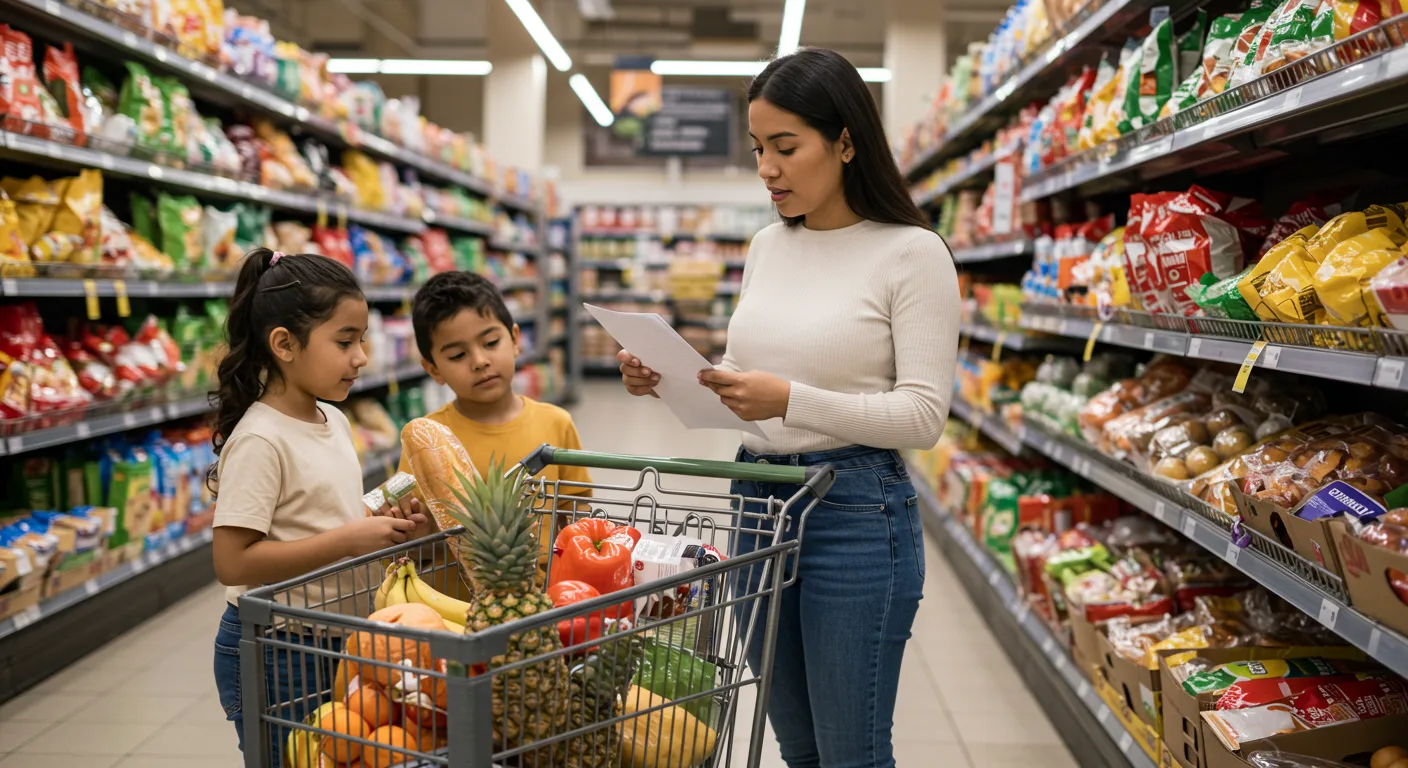 Madre joven revisando su lista de compras en el supermercado para ahorrar dinero.