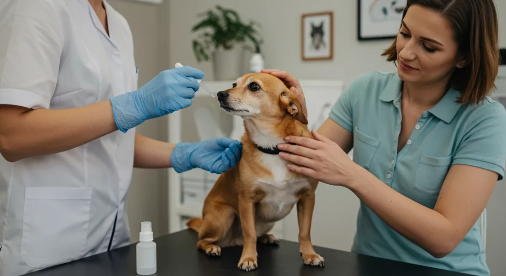 aplicação de antiparasitário em cão durante consulta veterinária