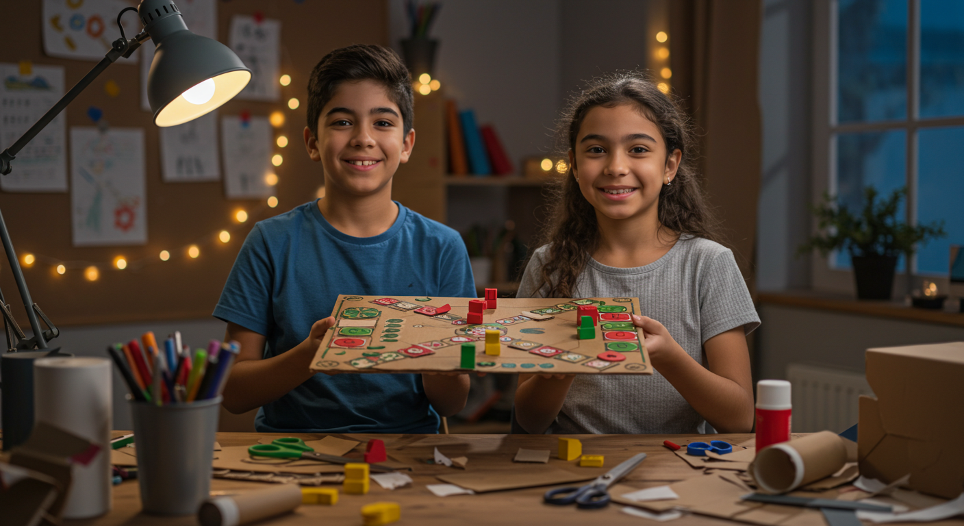 iño orgulloso mostrando un juego de mesa DIY que ha creado