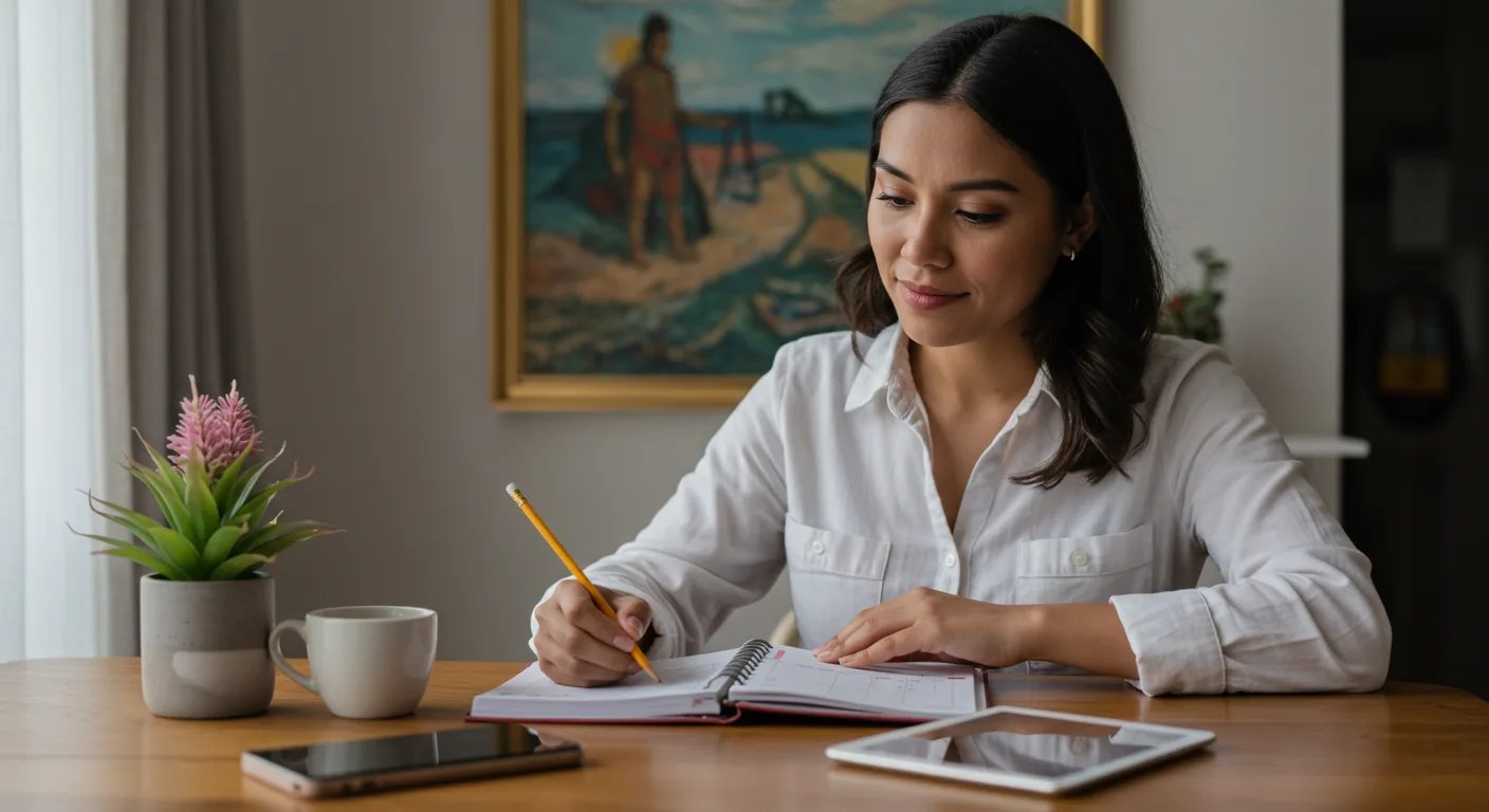 Mujer planificando su semana con una agenda y calendario en un ambiente tranquilo