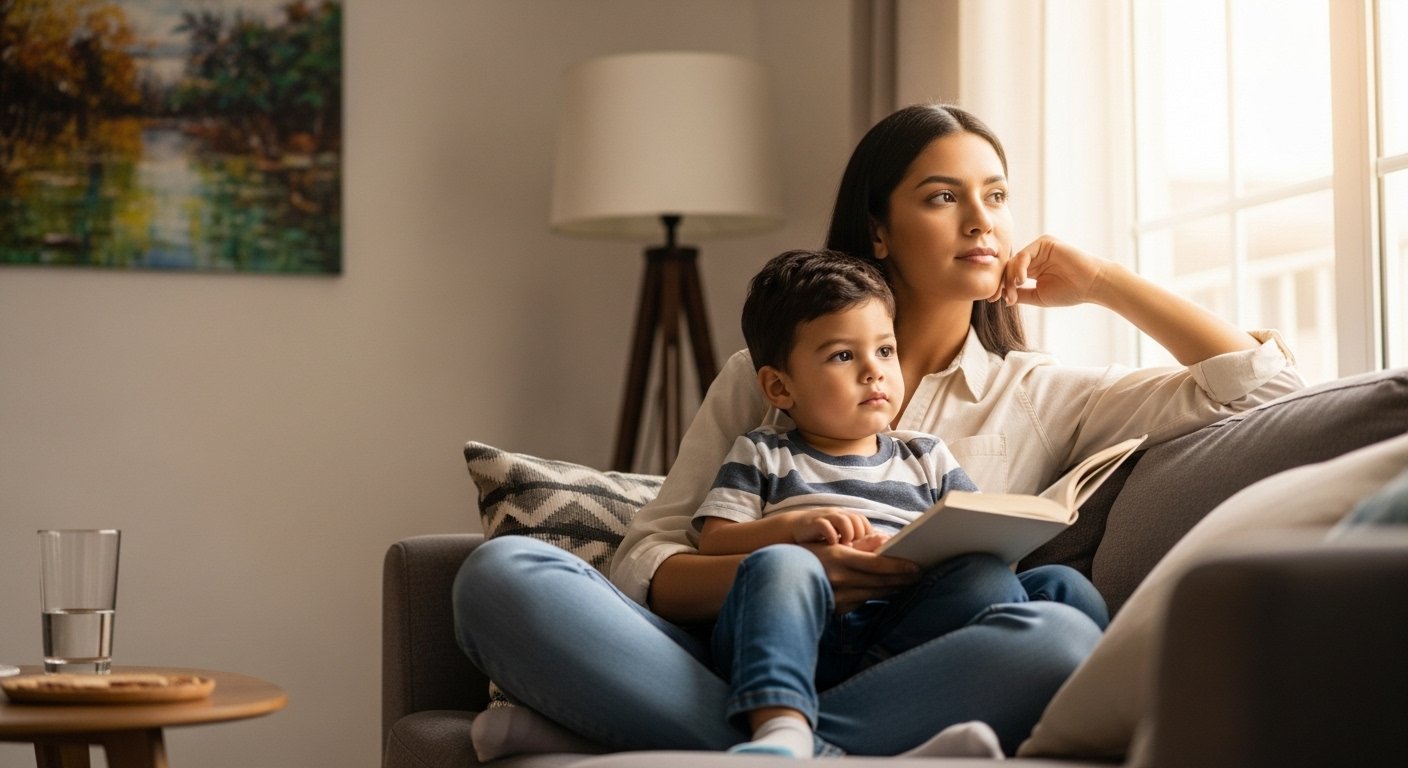 Madre latina leyendo la Biblia con su hijo en casa, reflejando esperanza y fe.