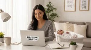 Madre latina trabajando online con su bebé en el moisés y un adhesivo en su laptop.