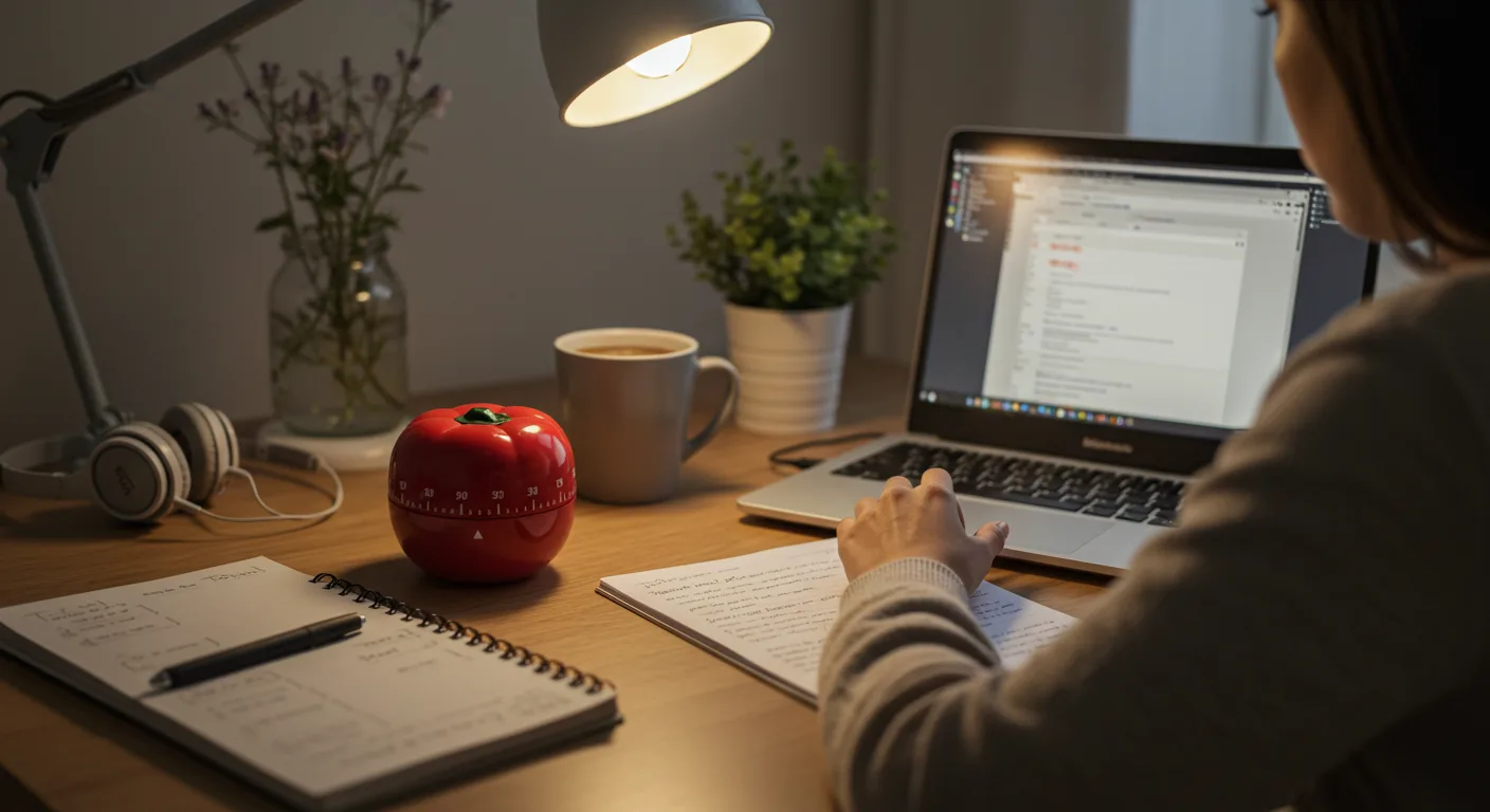 Mujer usando la técnica Pomodoro con temporizador sobre el escritorio y tareas organizadas