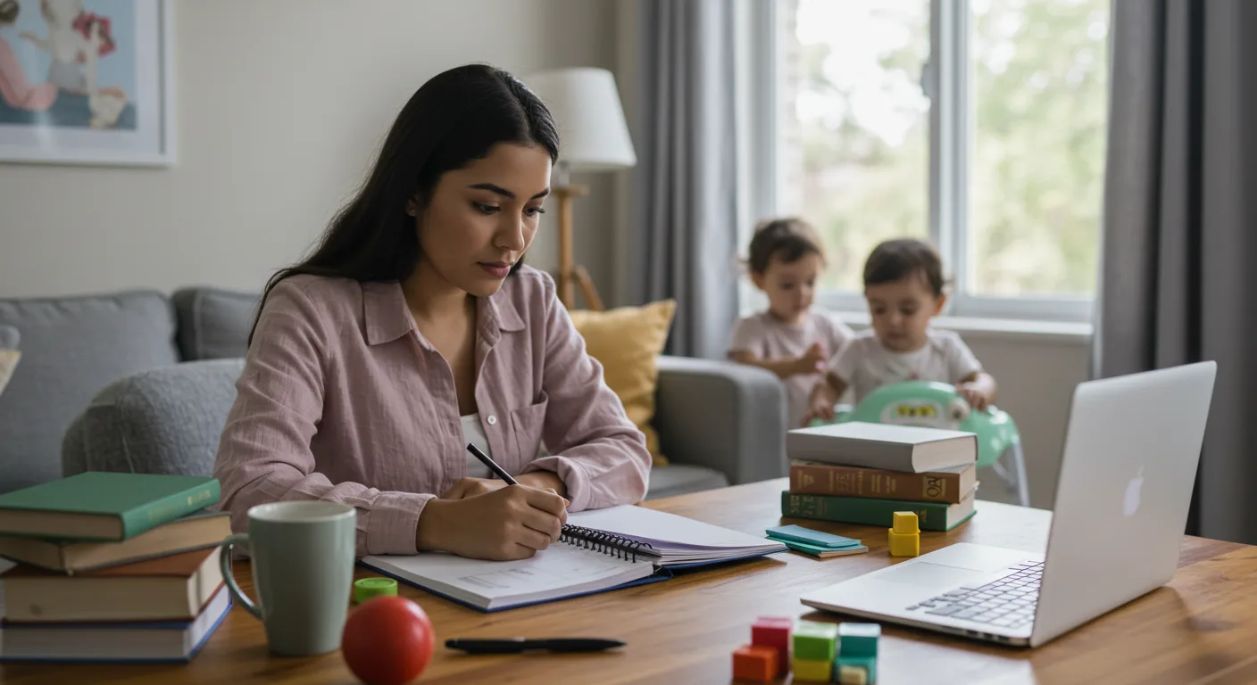 Mujer organizando su tiempo con una agenda en casa mientras combina estudio, maternidad y tareas del hogar