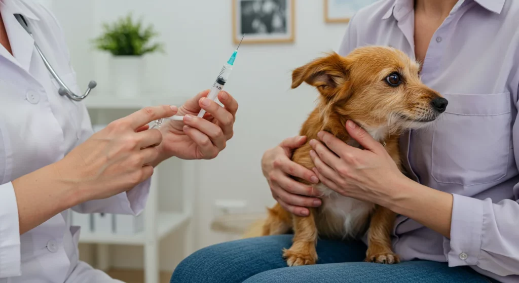 vacinação de cão em clínica veterinária moderna