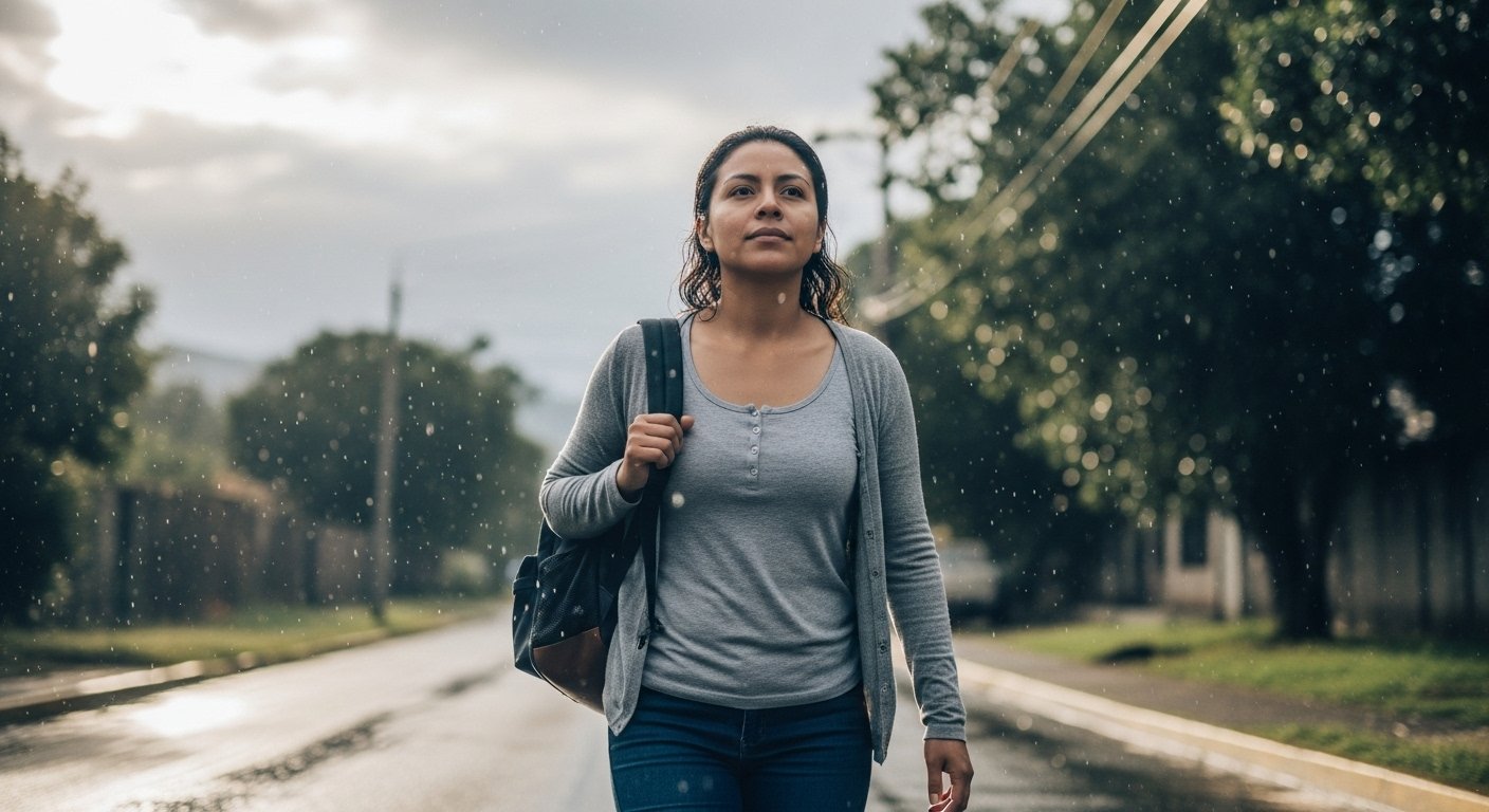 Mujer caminando bajo la lluvia con expresión de fortaleza y resiliencia.