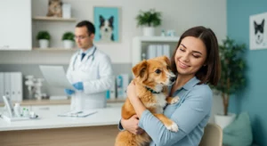 tutora segurando cão em clínica veterinária, veterinário ao fundo desfocado